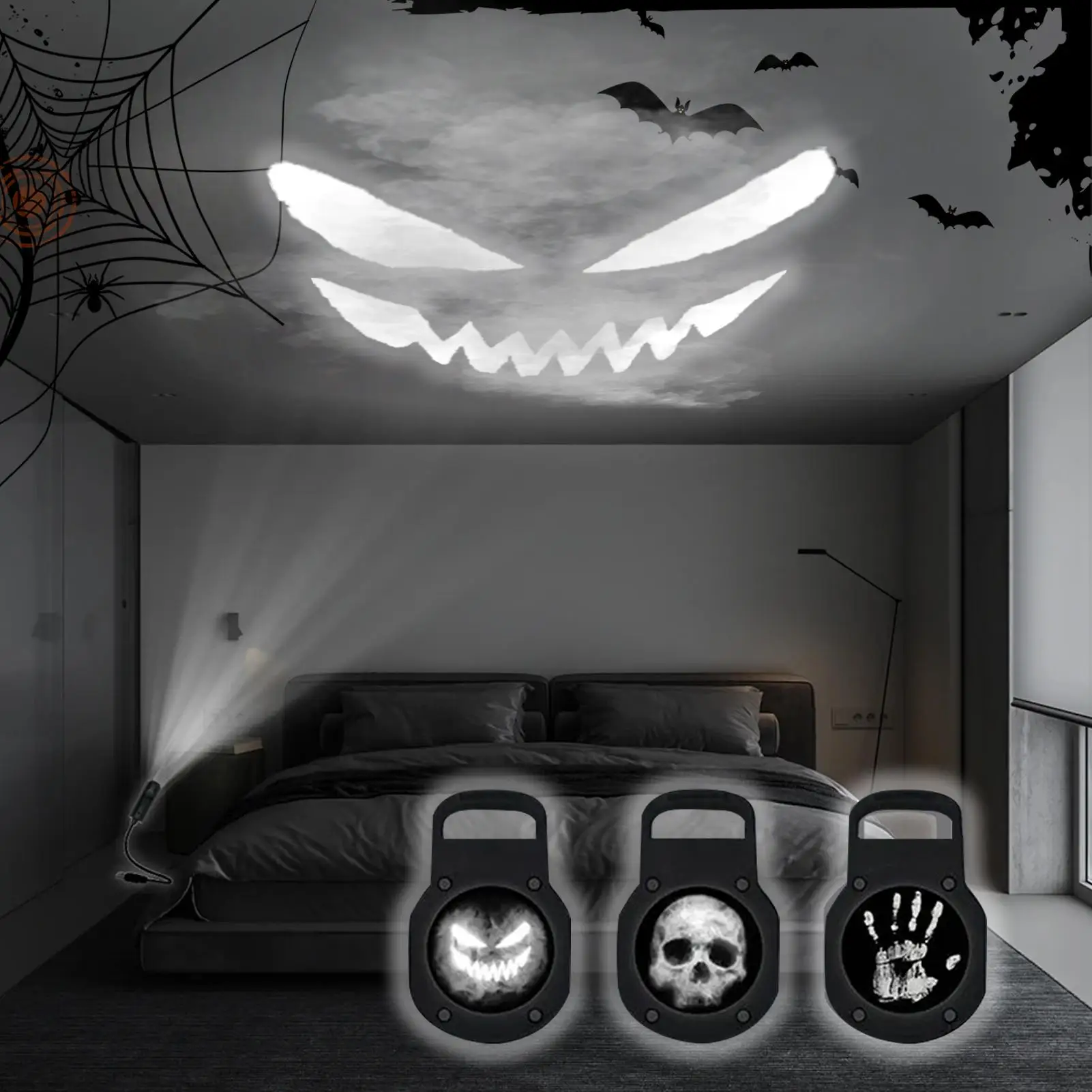 Lámpara magnética para proyector de calavera de Halloween, 3 modos, mueca con huella a mano aterradora, luz LED nocturna en forma de calavera, proyector giratorio USB