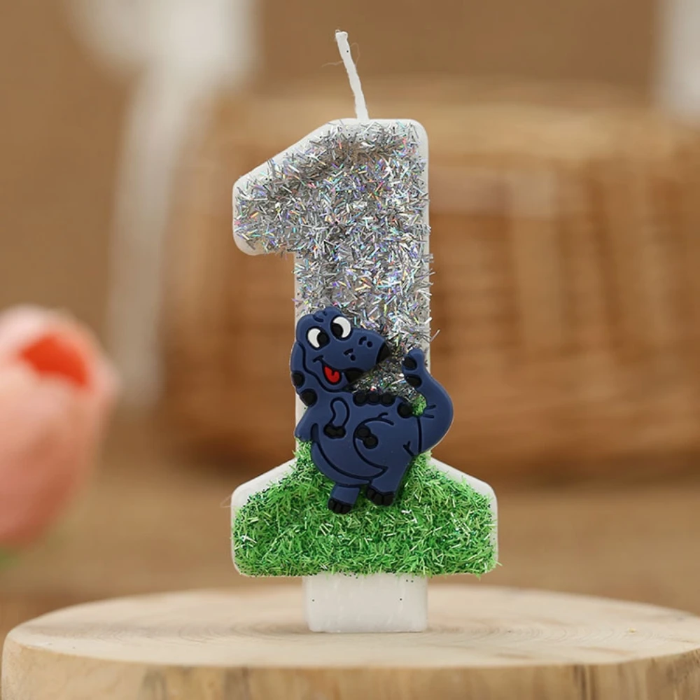 Dinosaurier-Glitzer-Geburtstagsnummernkerze, 7,6 cm hoch, glitzernder 3D-Design-Kuchenaufsatz, alles Gute zum Geburtstagskuchenkerzen für grünes Tierthema