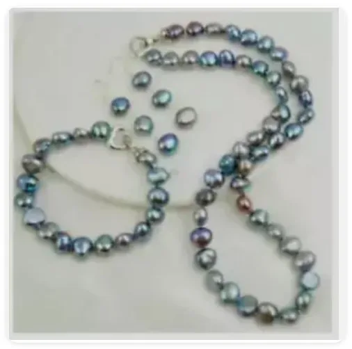 

Natural 8-9mm Black Freshwater Baroque Pearl Necklace 18'' Bracelet Earrings Set
