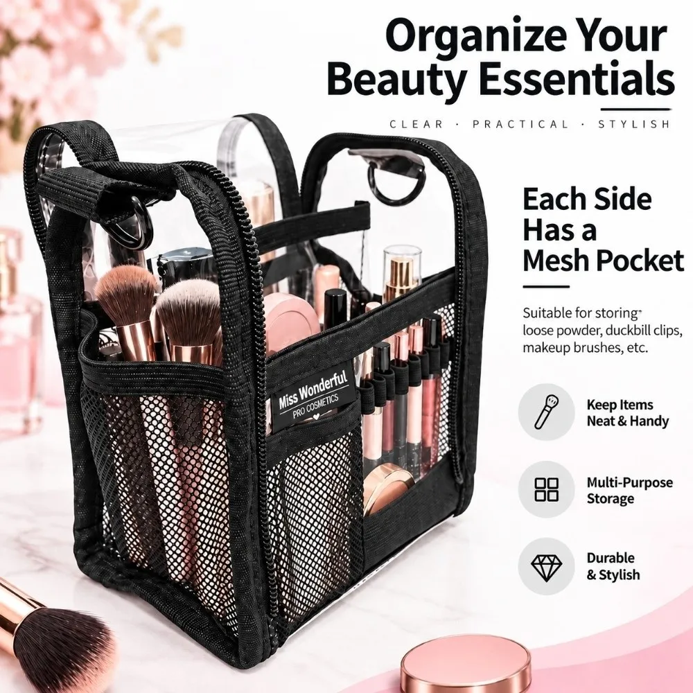 Waterproof Makeup Organizer Bag PVC Elastic Brush Loop Cosmetic Storage Case Mesh Pocket Lip Product Organizer
