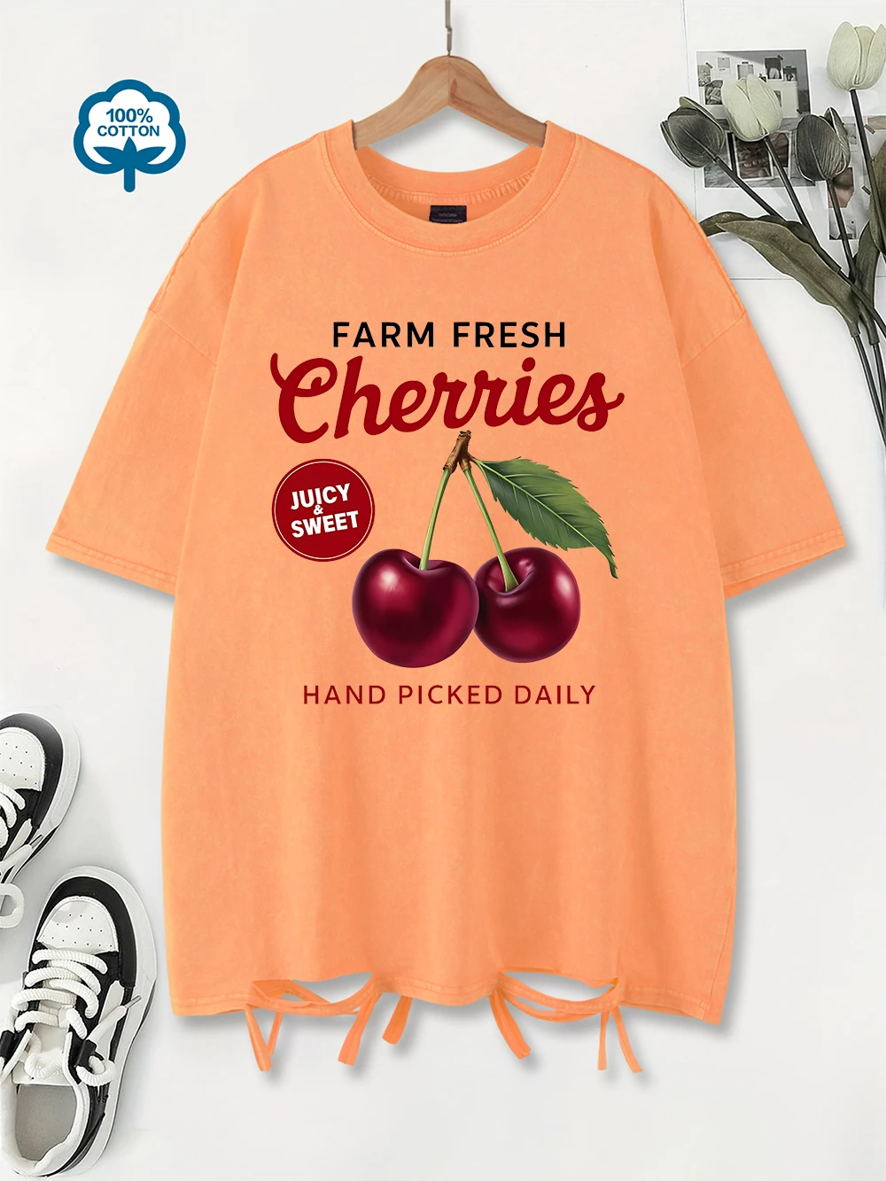 

Oversized Washed T-Shirt Women Cotton Farm Fresh Cherries Juicy Sweet Prints T Shirt Summer Holes O-Neck Tops Casual Clothes