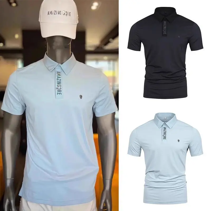 AMAZINGCRE 2024 New Men's Golf Slim-fit Skinny Short Sleeve Top Lapel Half-Button Temperament POLO Shirt