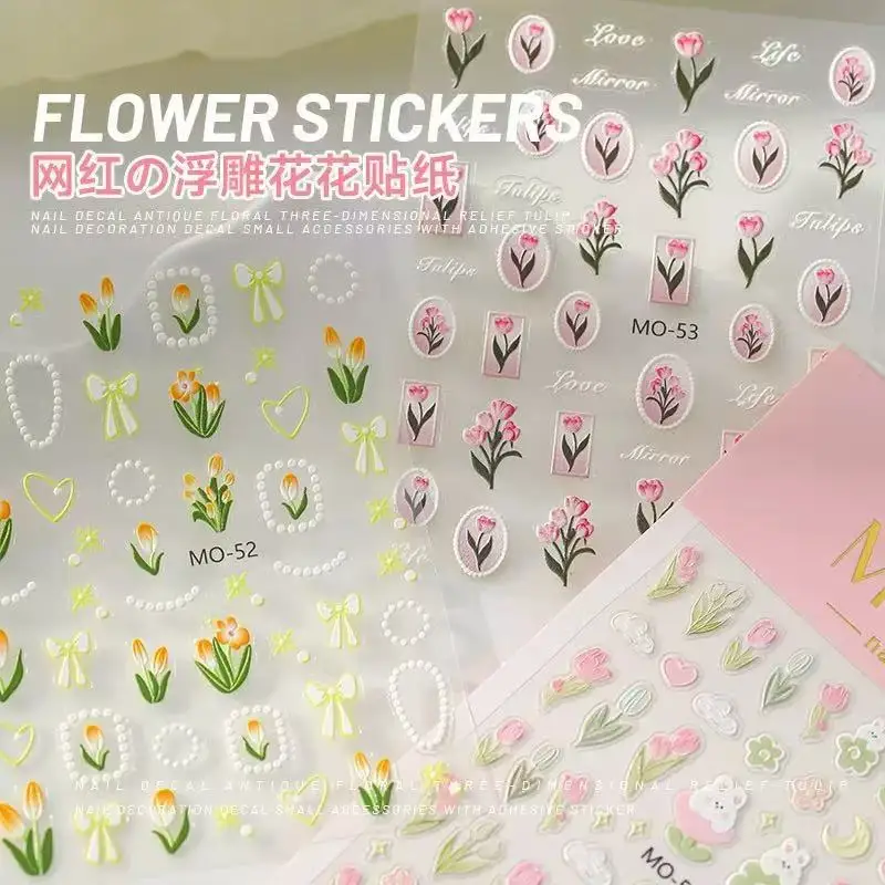

3D-наклейки для ногтей с тюльпанами и кроликами, жемчужные цветы и бантики, самоклеящиеся декоративные стикеры для маникюра, DIY, хит продаж