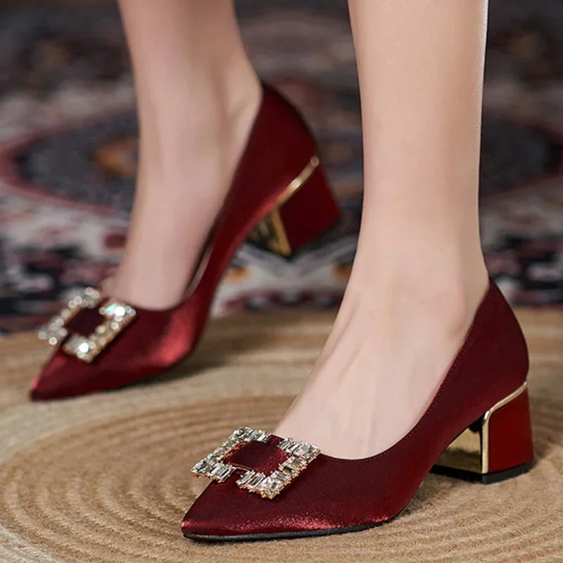 Luxury Square Rhinestone Women\'s Wedding Shoes Spring Silk Pointed Toe Pumps Woman Party Dress Shoes Thick High Heels