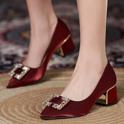 Luxury Square Rhinestone Women's Wedding Shoes Spring Silk Pointed Toe Pumps Woman Party Dress Shoes Thick High Heels