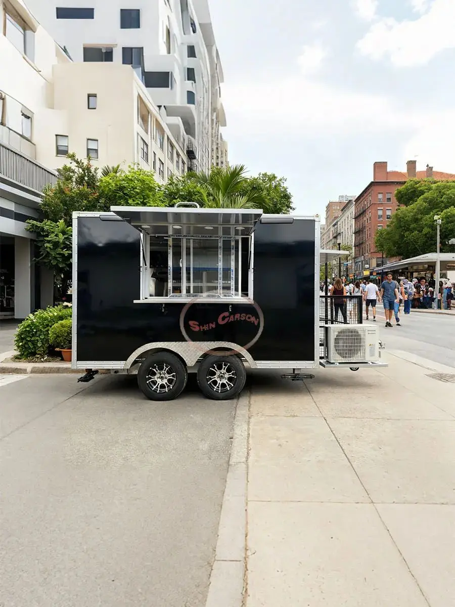 

Outdoor Food Trailer with Silver Metal Trim, Black Main Body, Dual-Wheel Tow Design, an Openable and Closabl