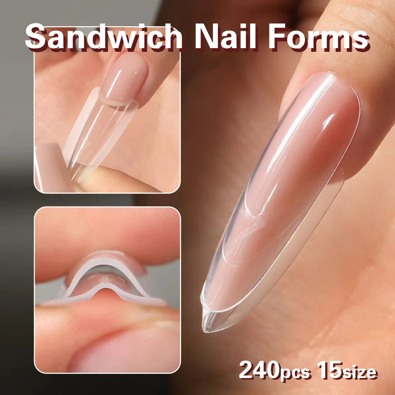 Original YOKEFELLOW Sandwich Nail Form 240pcs Almond Coffin Sandwich Nail Mold 15Sizes Botton Top Mold for Quick Nail Extension