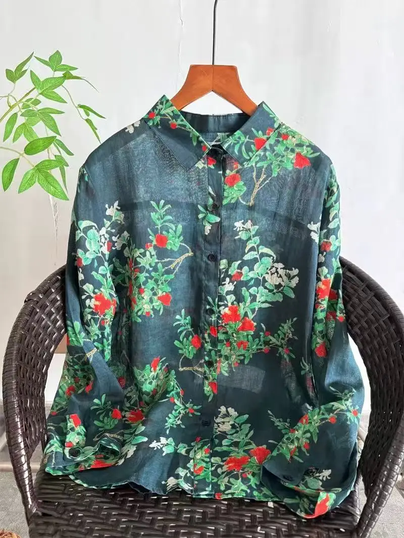 

2026 Luxury brands original clothes 100% ramie womens blouses vintage design print long sleeve shirts Summer women's clothing