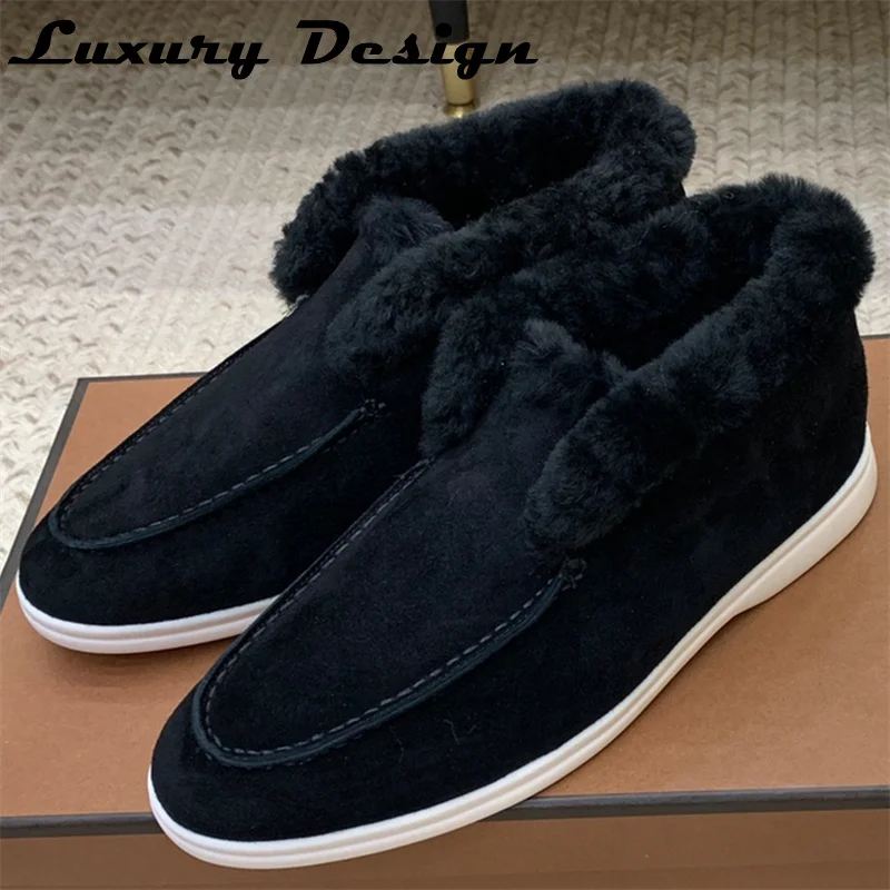 High Quality Lp Snow Boots Woman Natural Leather Wool Winter Shoes New Walking Shoes Brand Mules Round Toe Flat Casual Shoes Men