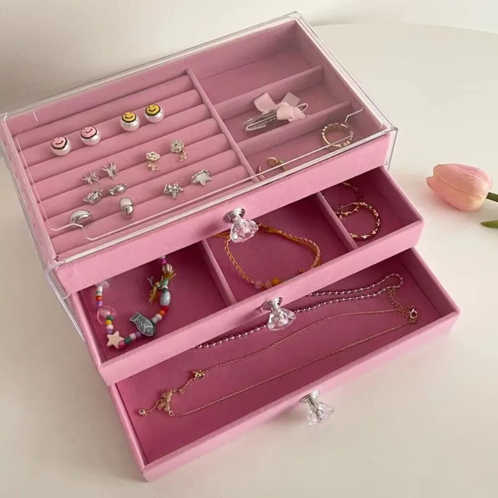 Acrylic Velvet Jewelry Organizer with 3 Drawers Stackable Display Storage Earrings Necklace Bracelets Box Holder Case for Women