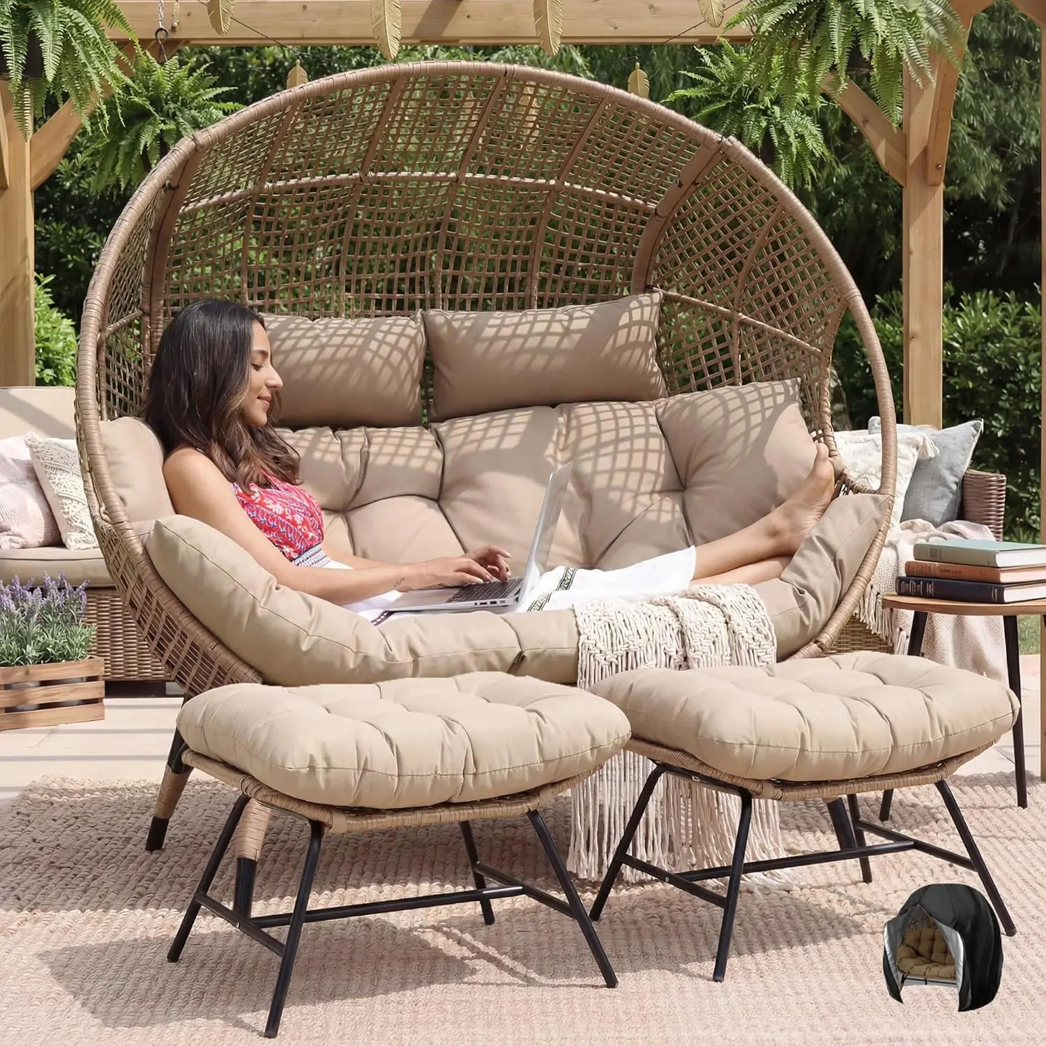 Indoor Outdoor Double Egg Chair with Footstools & 6.5" Thick Cushions, Oversized Wicker Egg Shaped Chair , Customized