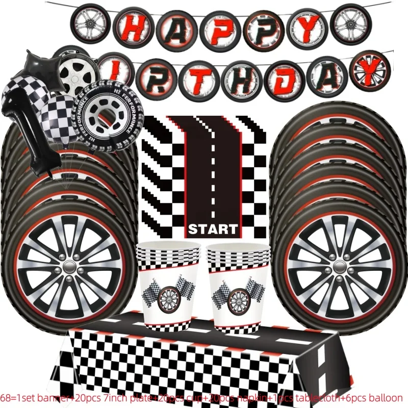 68pcs Race Car Theme Birthday Party Decor Disposable Tableware Set Paper Plate Napkin Cups Boys Racing Birthday Party Decor Supp