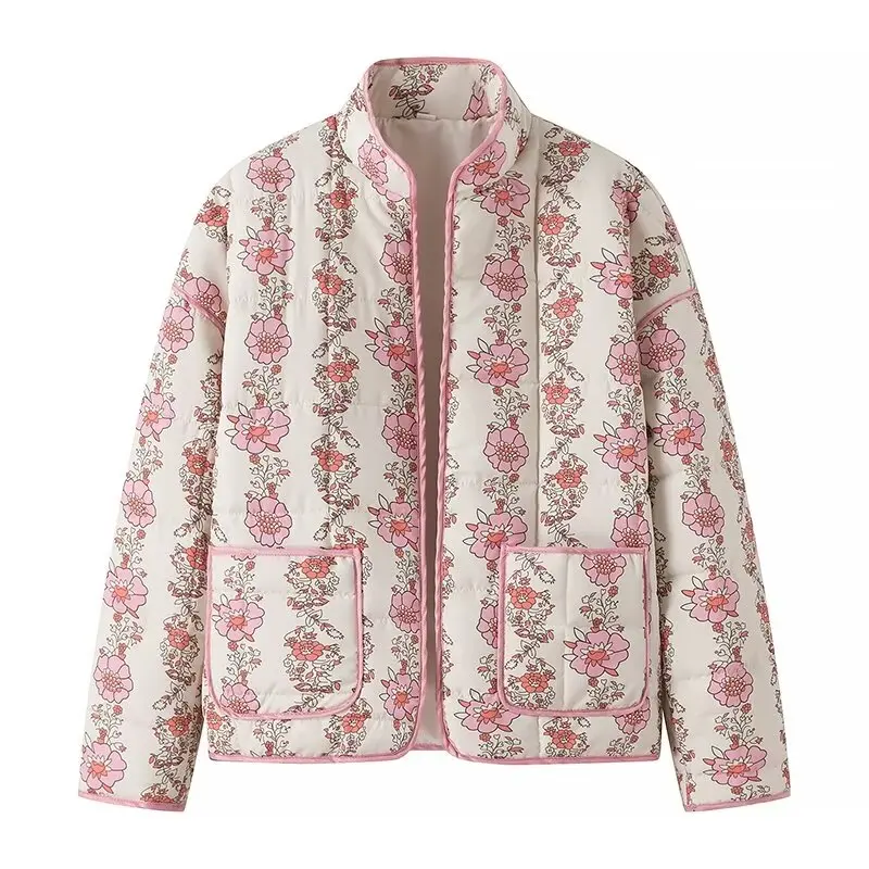 2024 Spring Contrast Color Pink Flower Print Stand neck Quilted Coat Ethnic Women Quilting Loose Open Jacket Retro Outerwear