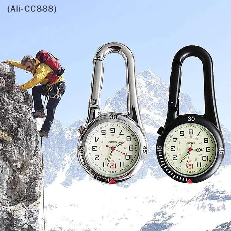 กลางแจ้งส่องสว่างนาฬิการอบ Dial ตัวเลขภาษาอาหรับควอตซ์ Analog คลิป Carabiner Hook นาฬิกาพวงกุญแจคลิป Fob นาฬิกาCC99