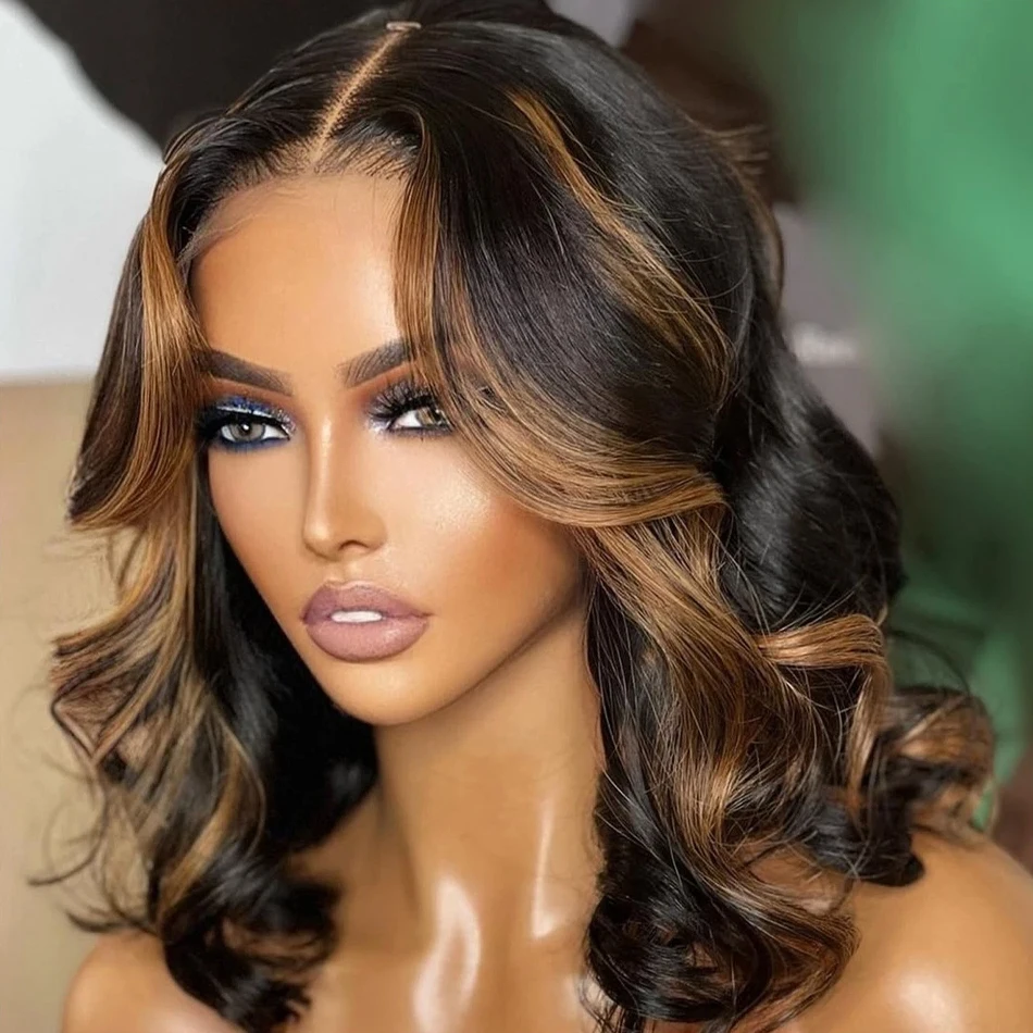 

4/27 Цвет Короткие Объемные Волны Боб Выделите Коричневый 13x4 Прозрачные Парики Фронта Шнурка Ombre Блондинка Бразильские 100% Человеческие Волосы 14 Дюймов