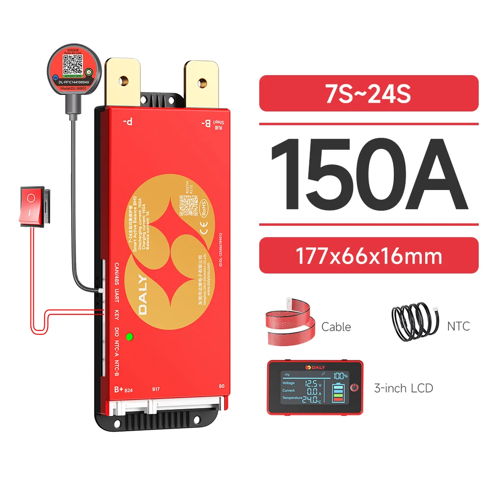 DALY Smart BMS 4S 8S 16S 40A 60A 100A 150A 200A 12V 24V 48V LiFePo4 1A Actieve Balancer BMS met LCD RS485 UART WIFI KEY