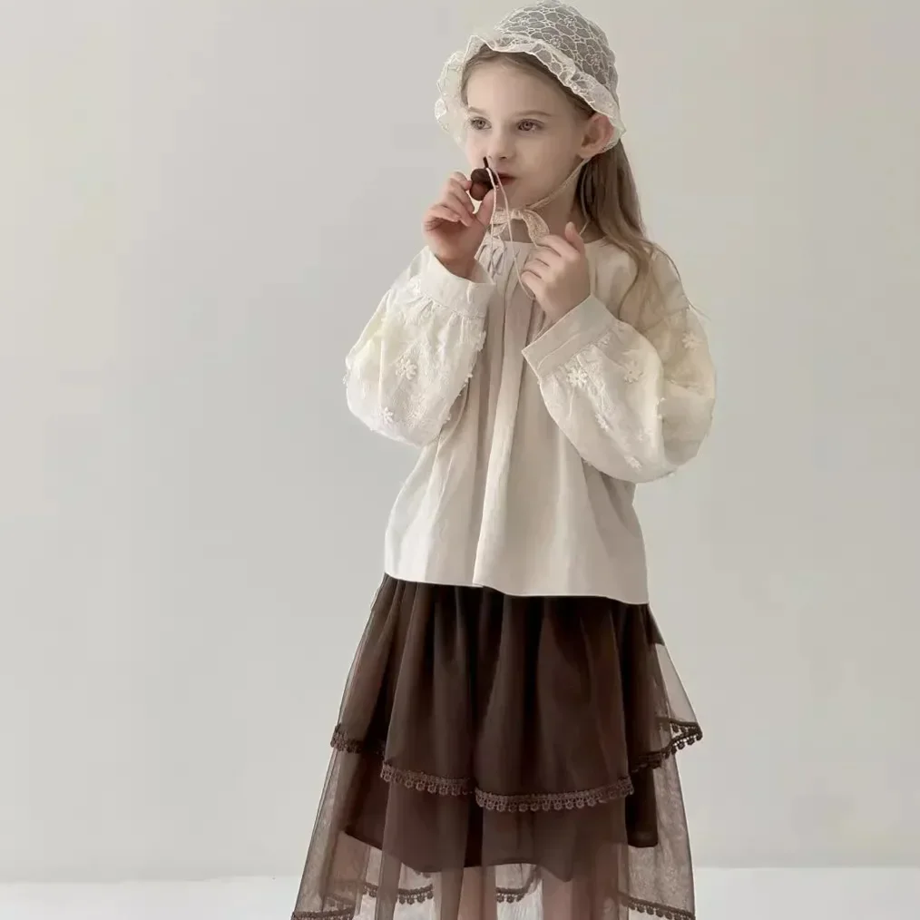 Girls Skirts 2024 Spring and Autumn New Girls Coffee Lace Mesh Skirt Elegance Cake Skirt Fashion Children Clothes