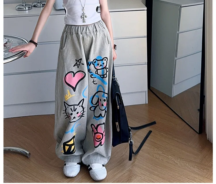 American Girl Baggy Washed Jeans Kinder Retro Harajuku Cartoon Print Denimhose Kinder Hip Hop Streetwear Hose mit Zeichnungen – Detail 6