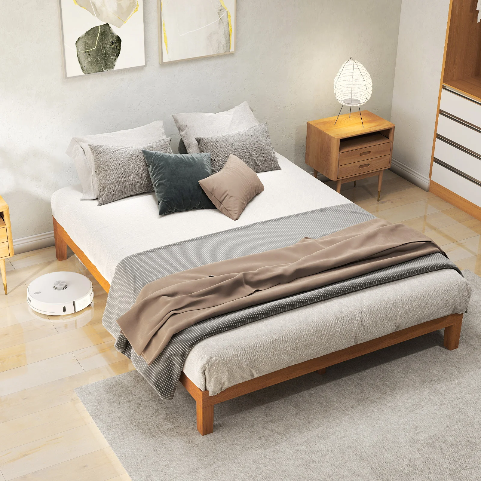 JHK Queen Solid Wood Bed Frame with Sturdy Wood Slat Support No Box Spring Needed Easy Assembly Eco-Friendly For Living Room