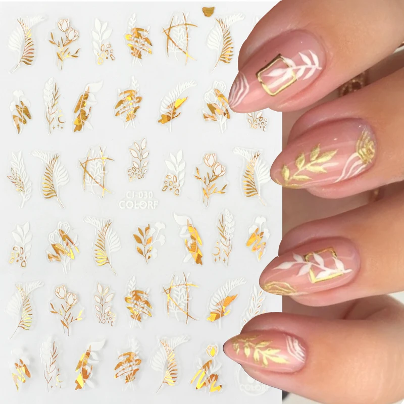 1 pçs 3d adesivos de unhas branco folha de ouro abstrato linha padrão auto-adesivo slider arte do prego decorações folha flores decalques do prego