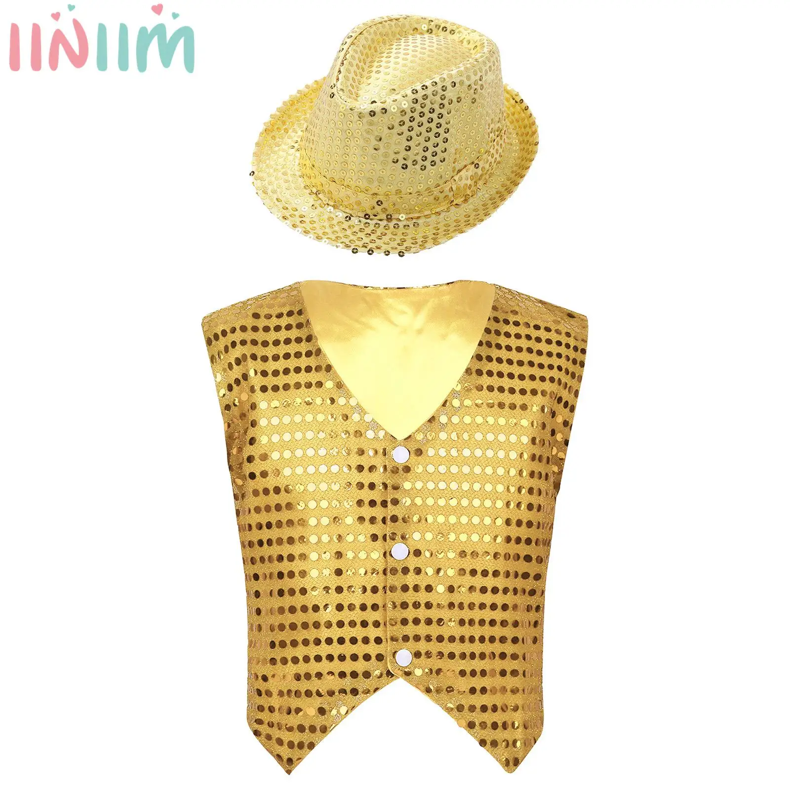 Kids Glitter Sequin Jazz Hip Hop Ballroom Dance Waistcoat Top with Hat Boys Girls Sleeveless Suit Vest Magic Performance Outfits