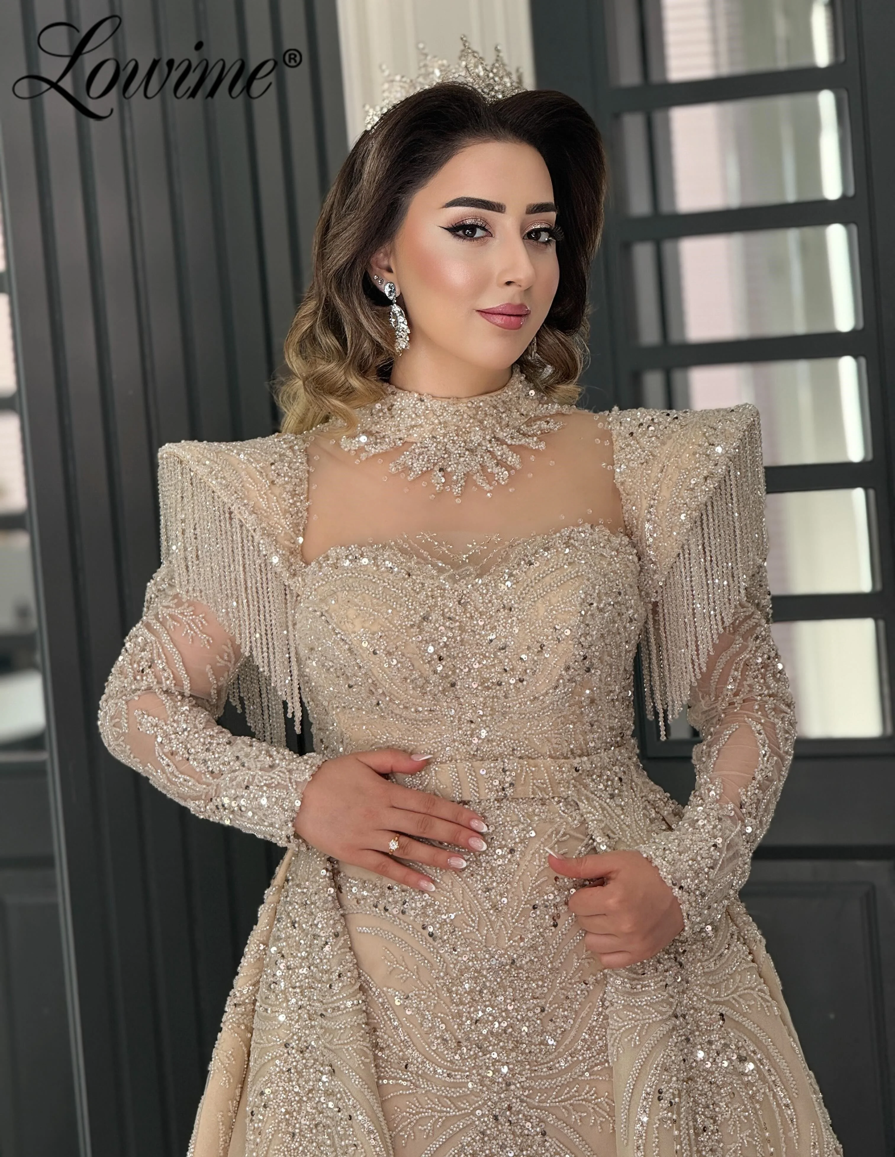 

Muslim Evening Dresses Heavy Beaded Long Sleeves Engagement Dress For Weddings 2026 Customized Overskirt Long Prom Party Gowns
