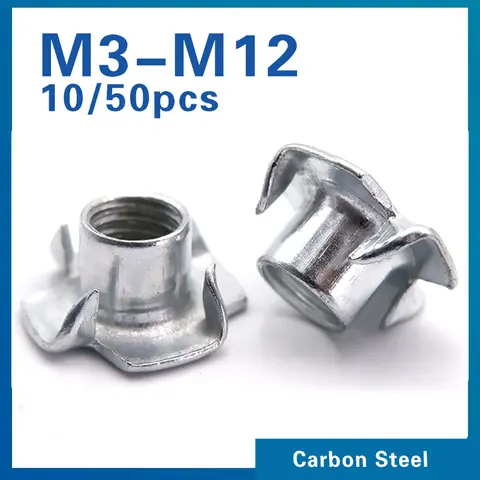 10/ 50pcs M3 M4 M5 M6 M8 M10 M12 Four Claws Nut T-nut Blind Pronged Insert T-Nut for Wood Furniture Hardware