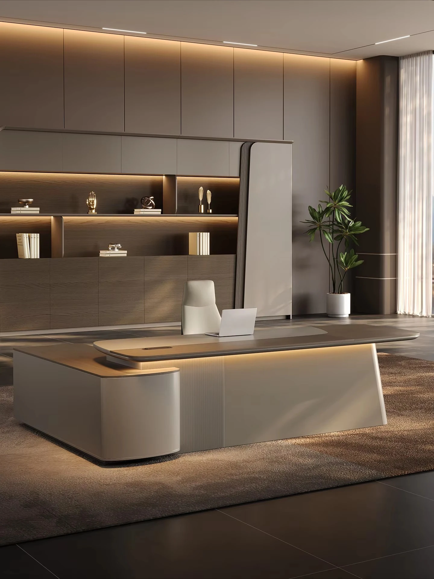 High-end Commercial Modern L-Shape Office Desk Sideboard Modular Design Healthy Office Furniture Customizable Color Wood