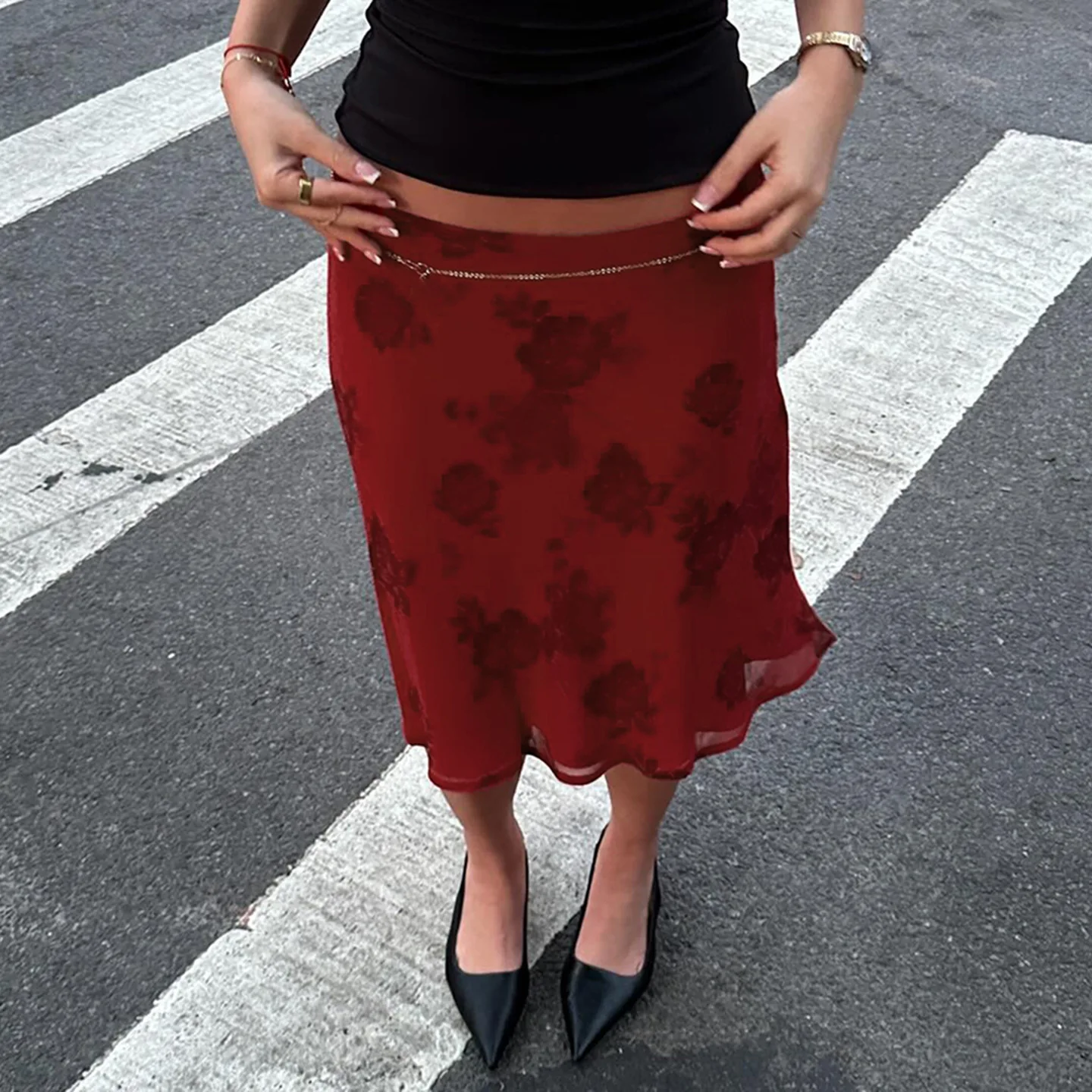 Retro Floral Digital Print Low Waist Lightweight Double Layer Mesh Skirt Temperament Hip Hugging Women Daily Vacation Skirt
