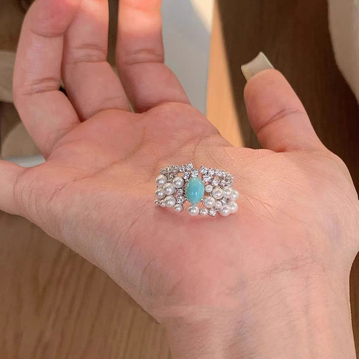 argento 925 vintage diamante intarsiato perla turchese anello leggero lusso anelli romantici di fascia alta per regali di gioielli di moda da donna