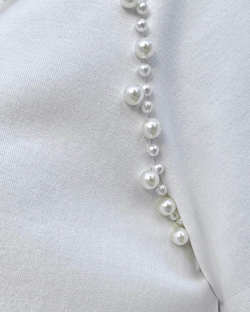 Two Piece Set Women Outfit 2025 Spring New Round Neck Short Sleeve Pearls Decor T-Shirt & High Waist Shirred Pants with Pocket