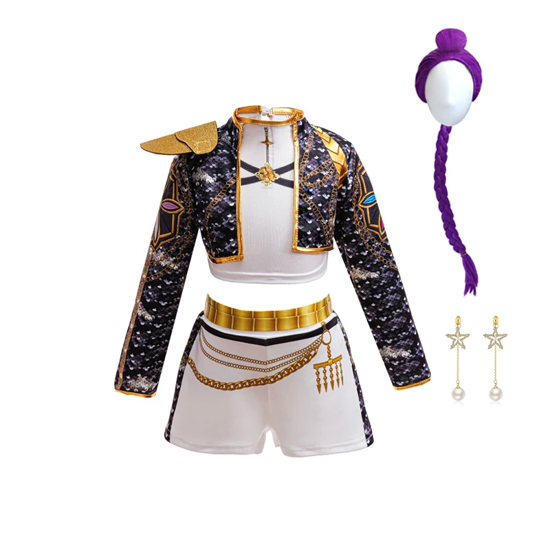 Girls Hip Hop Performance Outfit Black 3D Print Gold Trim Cropped Jacket White Shorts Cosplay Kit With Wig And Earrings