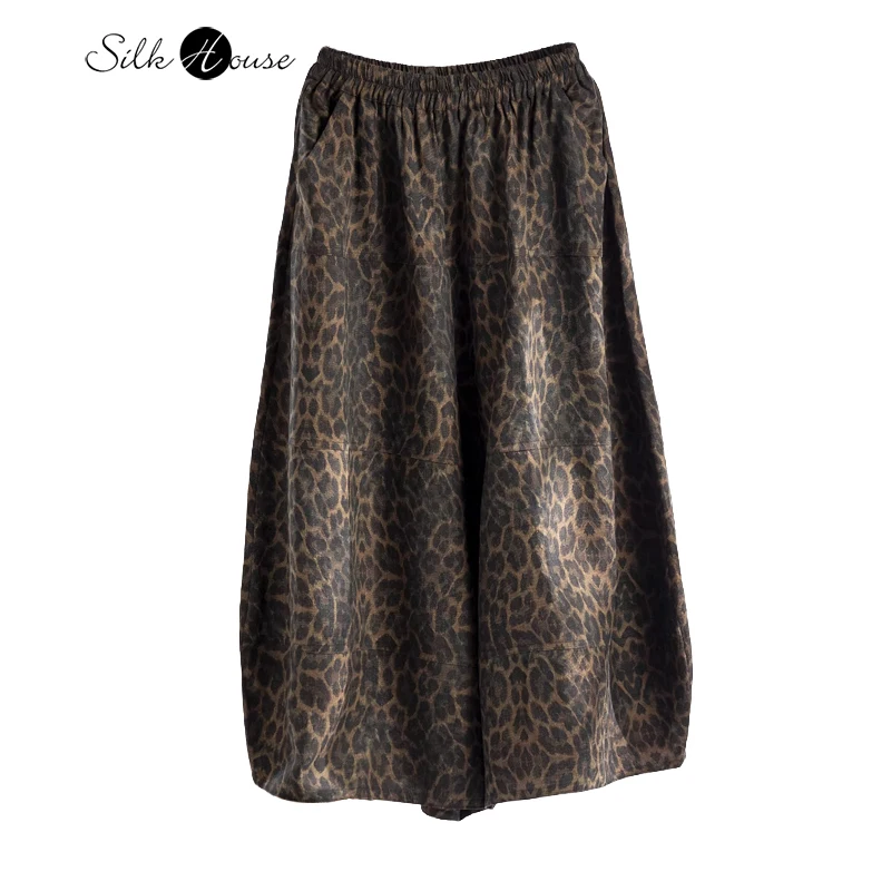 

Plus Size Women's New 100% Natural Mulberry Silk Fragrant Cloud Yarn Leopard Pattern Horizontal Strip Splicing Wide Leg Pants