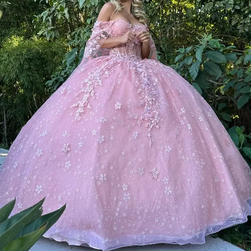 

Sparkly Illusion Pink Quinceanera Dresses Popular Appliques Crystal Beading Off Shoulder Ball Gown With Cape Sweet Party Dress