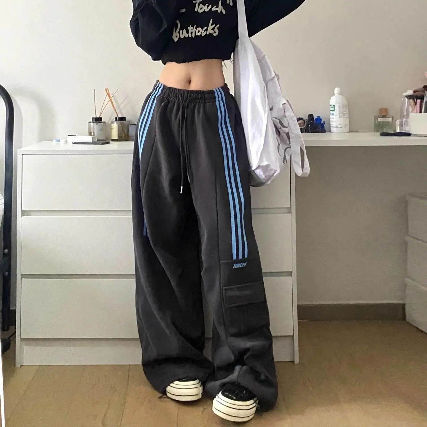 New In Women's Sweatpants Casual Matching Wide Leg Pant Chic Sportswear Loose Cargo Pants Drawstring Joggers Baggy Streetwear