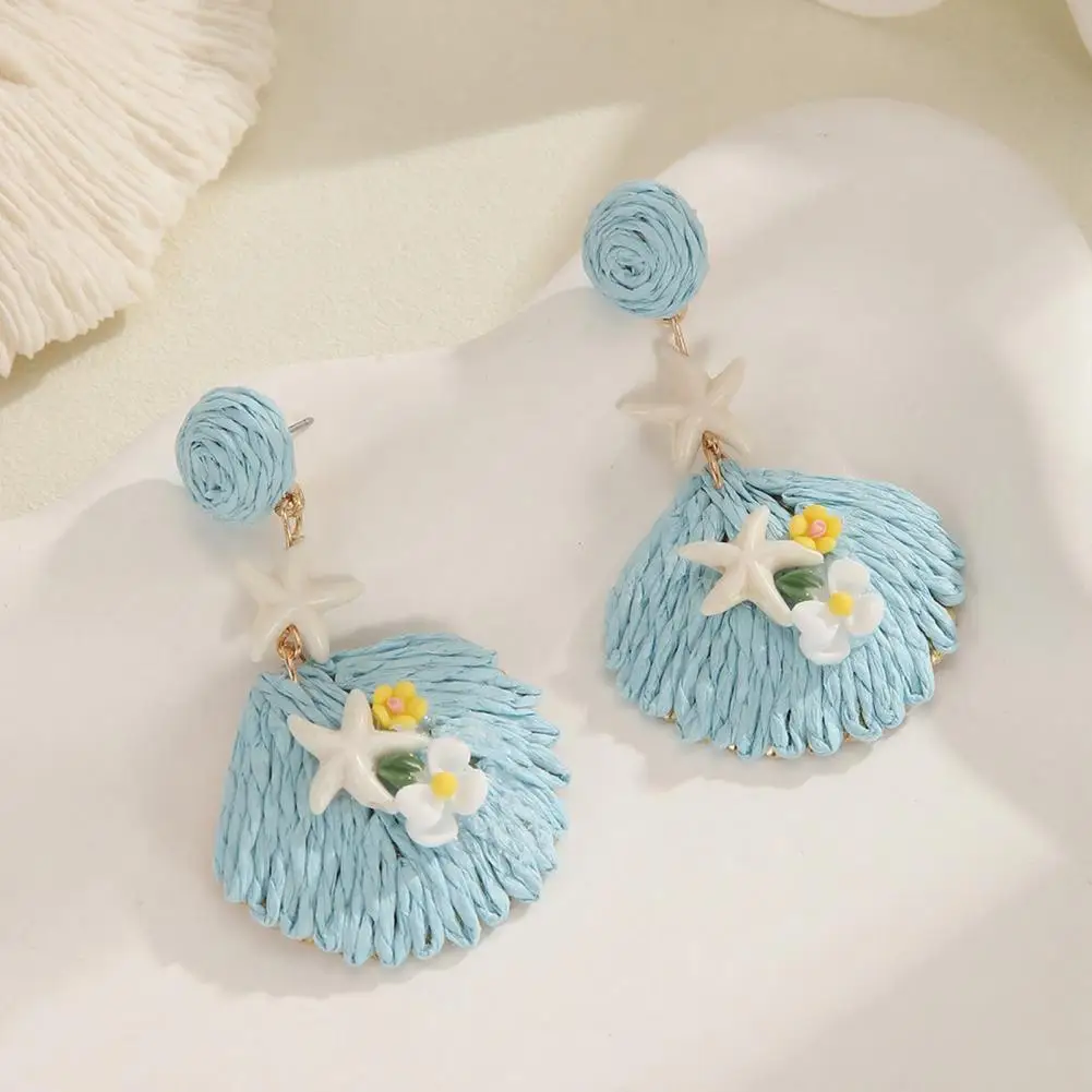 Beach Vacation Earrings Bohemian Raffia Starfish Earrings Handwoven Straw Rattan Drop Dangle Jewelry Summer Beach Boho Statement