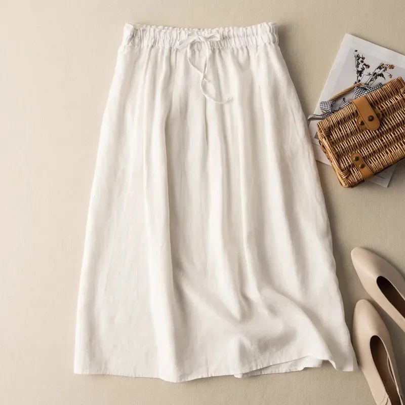 Spring New Cotton Retro Art Half Length Skirt for Women's Inner Village Loose Tie Elastic Waist A-line Skirt