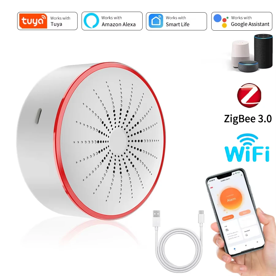 

Умный звуковой и световой сигнализатор Tuya ZigBee WiFi 85 дБ с дистанционным управлением через приложение SmartLife, детектор для домашней безопасности (требуется шлюз ZigBee)