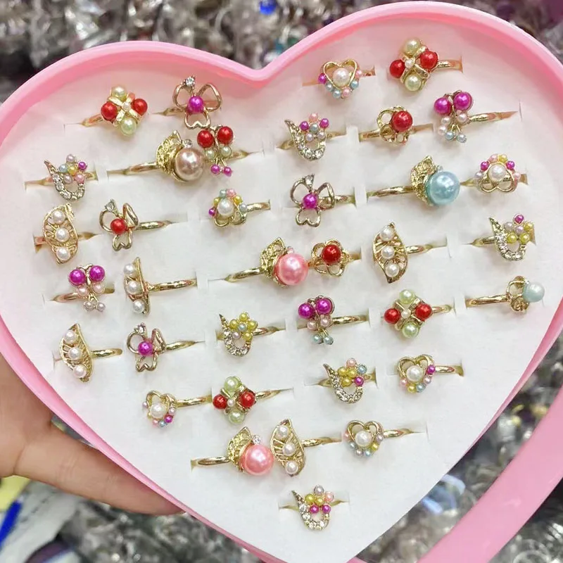 Gift  Box 12Pcs Mixed Style Crystal Assorted Flower Animal Adjustable Rings Kids Girls Party Gift Fashion Finger Jewelry