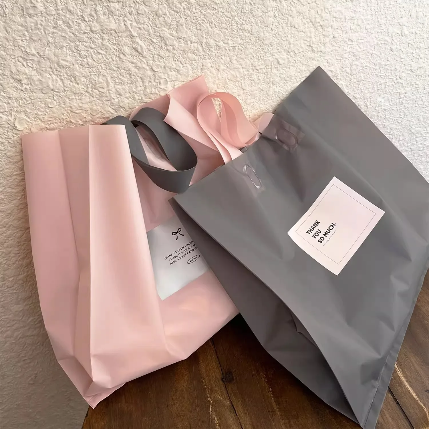 StoBag 50pcs Pink Frosted Plastic Shopping Bag Tote Shoulder Clothes Gift Package Pouch Handbag Portable Custom Logo(Extra Fee)