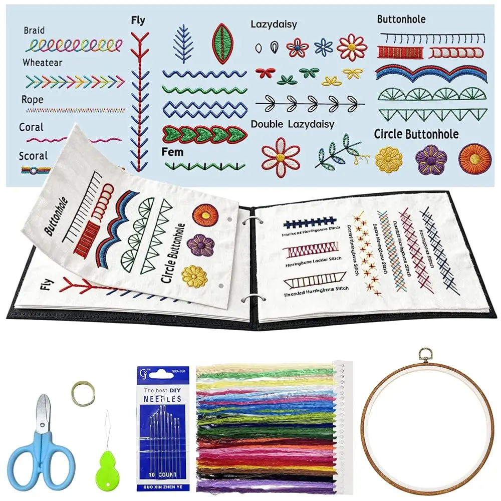 

Набор для вышивания для начинающих, книга-руководство по вышиванию на нейлоновой ткани, 24 цвета ниток, полный набор инструментов