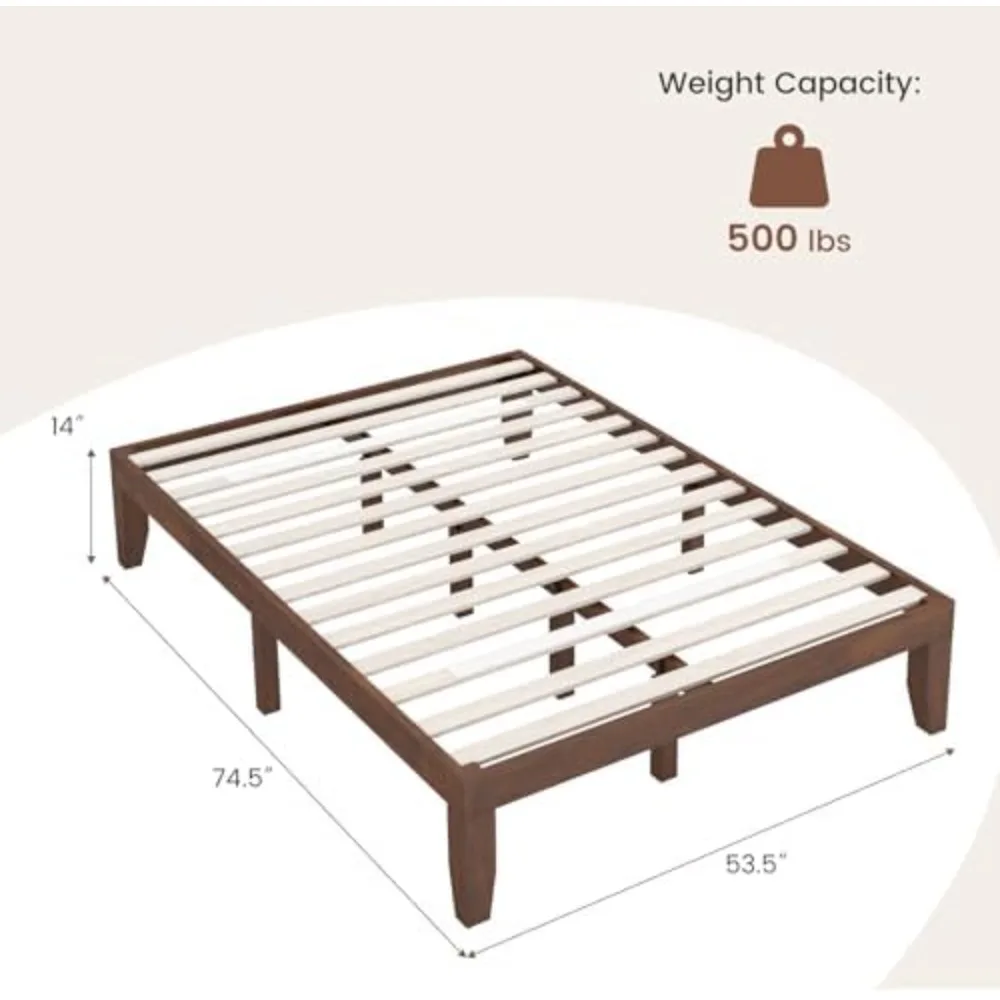 14 Inch Full Platform Bed Frame, Minimalist Style Mattress Foundation with Solid Rubber Wood, Heavy Duty Wood Slat