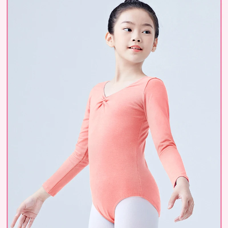 Collant de balé de manga longa para meninas, body de dança de algodão com cordão no peito, ginástica, roupas de bailarina para crianças pequenas