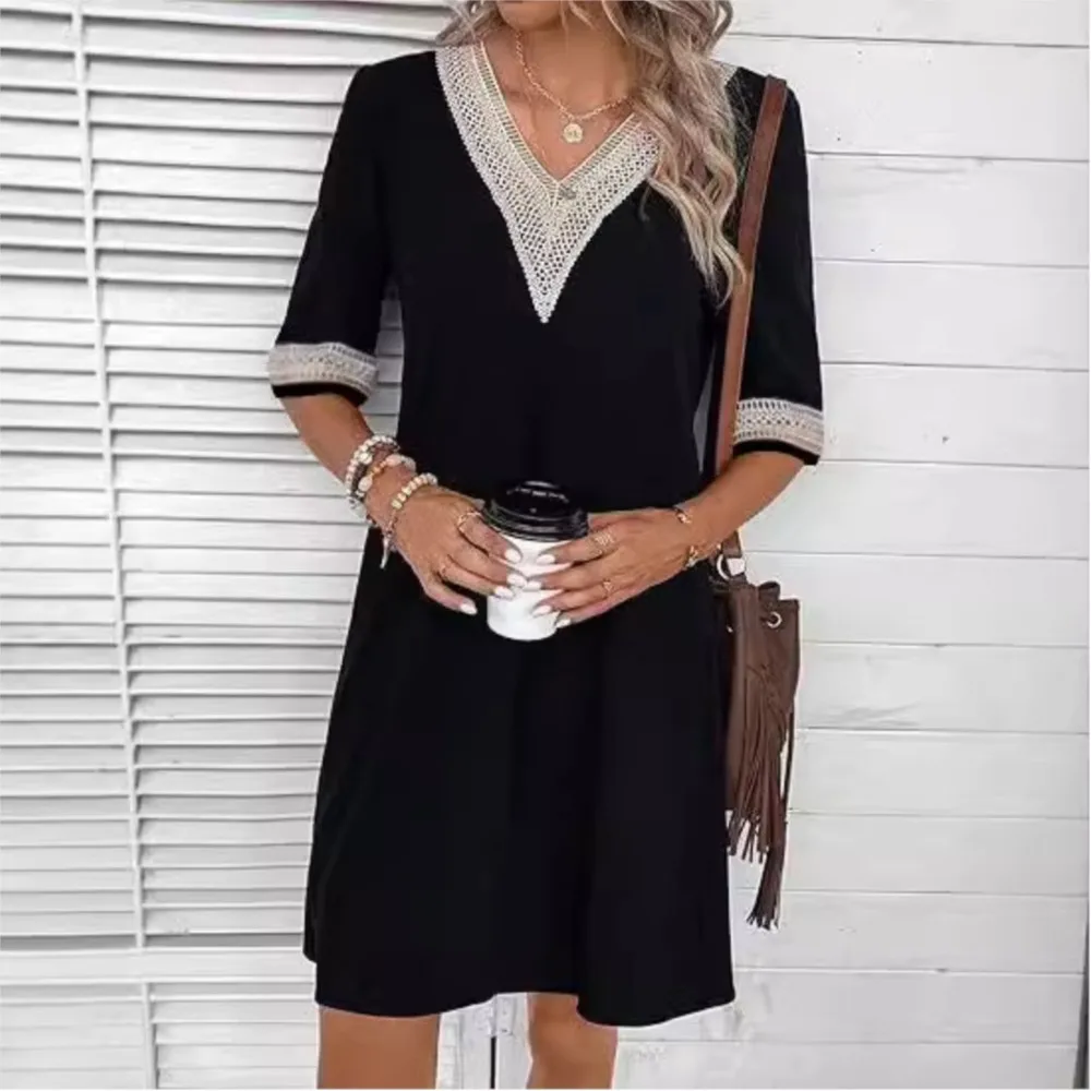 

Women's Solid Color Pullover Dress 2024 New Lace Patchwork V-neck Mid Sleeve Loose Casual Dress Roupa Feminina Vestidos De Mujer