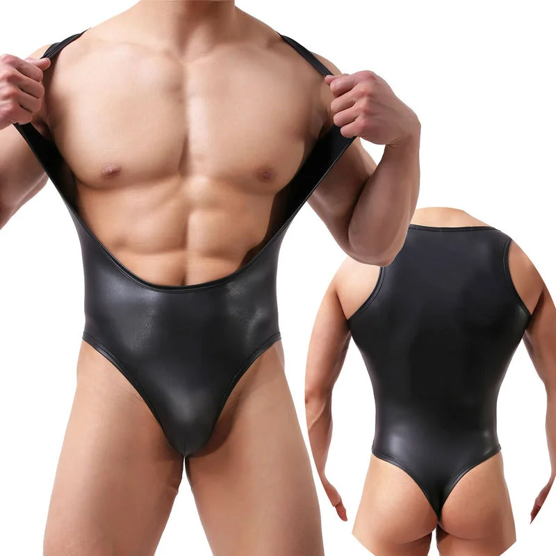 Macacão de couro PU de peça única masculino, bodysuit sexy, macacão catsuit, jockstrap, leotard, boxer, cuecas, tangas, roupa íntima, singlet de