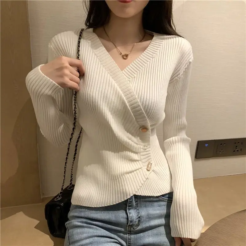 Spring and Autumn Small Fragrance Style V-neck Irregular Top Western-style Sweater Autumn and Winter Inner Wear Slim Fit Women's