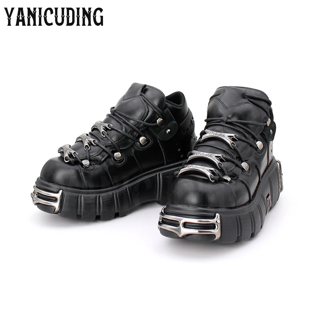 Gothic Punk Women Casual Shoes Metallic Locomotive Shoes Lace-Up Platform Black Leather Shoes Fashion Designer Rock Style Shoes