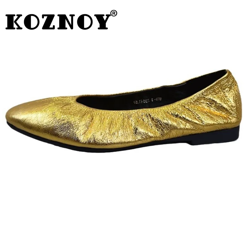 

Koznoy 1.5cm Patent Genuine Leather Point Toe Flats Comfy Leisure Shallow Summer Moccasins Hollow Soft Soled Rubber Women Shoes