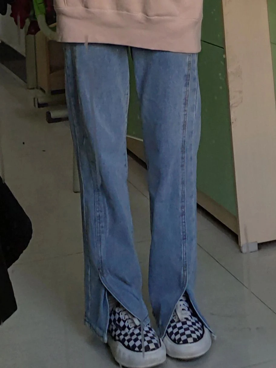 Loose Women's Denim Jeans High Waist Zipper Fly plus Size Frock Split Straight Leg Trousers Slimming Effect Autumn Fashion