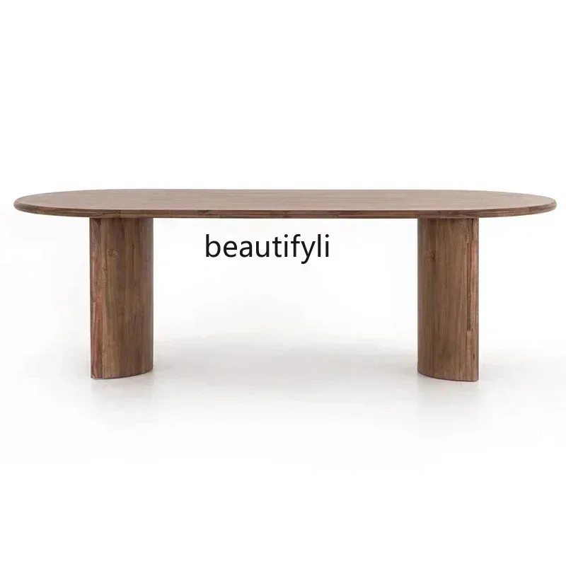 Medieval solid wood Nordic living room designer creative walnut color home oval retro dining table